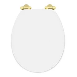 Toreno High Gloss White MDF Bottom Fixing Toilet Seat Brushed Brass Hinges